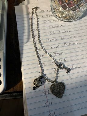 Silver Heart & Rose Charm Necklace - Women's Jewelry 1511